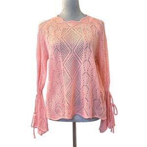 Women's Pink Bell Sleeve Open Knit Sweater Size L Casual Pullover Scallop Neck